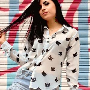 Sheer Blue Casual Cat Button‎ Up Shirt